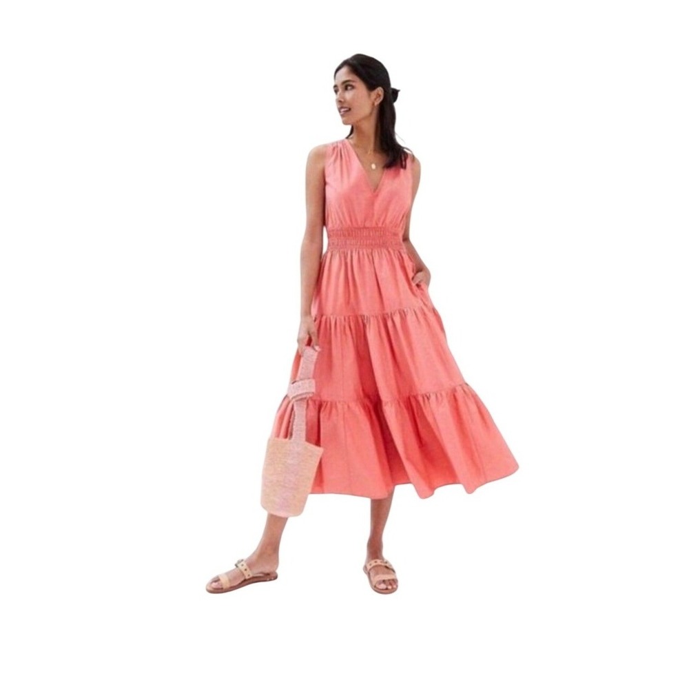 Maeve Coral-Pink Tiered V‑Neck Midi Dress